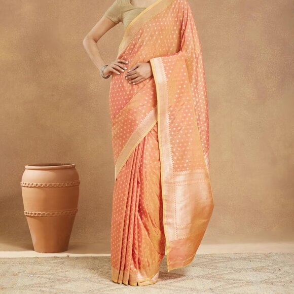 Fabindia - Orange Viscose Blend Banarsi Sari - Picture 2 of 7